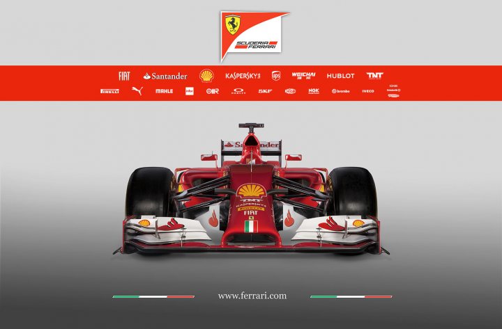 Ferrari F14 T Unveil - Page 5 - Formula 1 - PistonHeads - The image is a promotional graphic of the Ferrari Formula 1 team's car. It features the front and side of the red and white racing car against a gray backdrop. The car is adorned with the Ferrari logo and the text "Scuderia Ferrari," indicating the team's name. In the background, various logos of the team's sponsors are visible, including Shell, Santander, and Fly Emirates. The website address "www.ferrari.com" is also displayed at the bottom of the image.