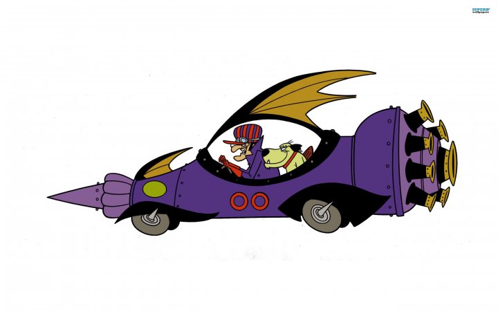 What did you do in the garage yesterday? - Page 80 - Chimaera - PistonHeads - The image features a cartoon purple car with large wings and three propellers, suggesting that it can fly. Inside the car, there is a man and a woman; the man is at the wheel, while the woman sits in the passenger seat. Both appear to be enjoying the flight. The background is blank, drawing the viewer's attention to the airborne vehicle and its occupants. This scene is not commonplace, depicted here in a fantastical and whimsical manner.