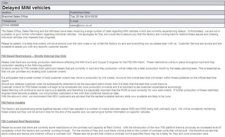 New 2014 Mini Diesel Hatchback Recall - Page 1 - New MINIs - PistonHeads - The image is a photograph of a delay announcement for MINI vehicles, specifically the Minion Hatchback. The announcement, issued by MINI's World Sales Centre, informs the delay in supply chain operations seen across the product line, impacting deliveries for MINI and MINI-branded Santana and AC3 offerings. This delay, customers were informed, is the result of broader supply chain disruptions. It notes that every effort is being made to ensure a swift resolution and regular supply of vehicles. The delay is noted as a temporary inconvenience as consumers await the availability of their ordered vehicles.