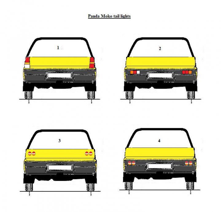 Project Peterborough - Page 6 - Alfa Romeo, Fiat & Lancia - PistonHeads - The image is a black and white line drawing showing the different configurations of a car's tail lights across four panels. Each panel is numbered from 1 to 4 and depicts the tail lights in varying positions: 1 with the lights off, 2 with the brake light on, 3 with the turn signal left on, and 4 with the turn signal right on. The tail lights are placed above the exhaust pipe, showing the tail gate door and license plate area on the car's back. The perspective is from a side angle, capturing the tail light each panel represents.