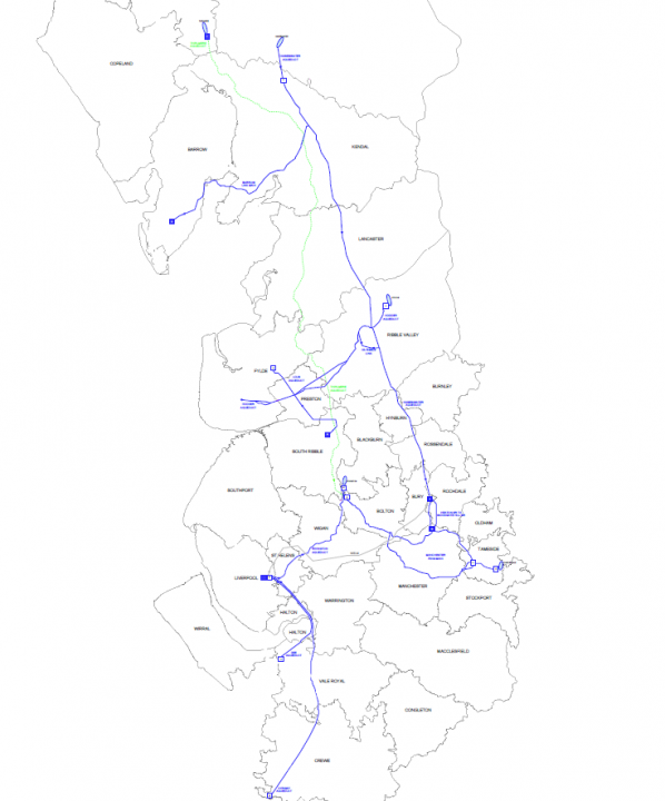 How does UK water network/reservoirs work? - Page 1 - The Lounge - PistonHeads UK - The image displays a map that shows a network of roads or possibly railroads across a region. The map is overlaid with two different shades of gray, which appear to represent two separate routes or layers of transportation infrastructure. There are no texts, legends, or additional context provided in the image. The style of the image is a typical topographical map, with lines representing the transport routes and colored areas indicating the geographic regions covered by these routes.