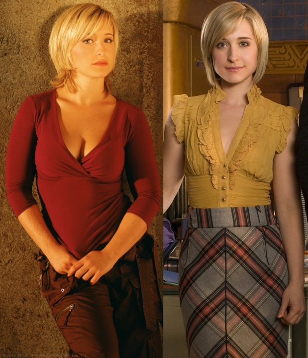 The image is a split-screen portrait of two women. The woman on the left is wearing a red top and has short blonde hair. She is standing against a textured wall or surface, in profile, with her left arm crossed over her chest. The woman on the right is wearing a yellow top over a black and red skirt, with a short bob hairstyle, and is also in profile, with her right arm hanging at her side. Both women appear to be in an indoor setting with a warm tone to the lighting. There's no text visible in the image.