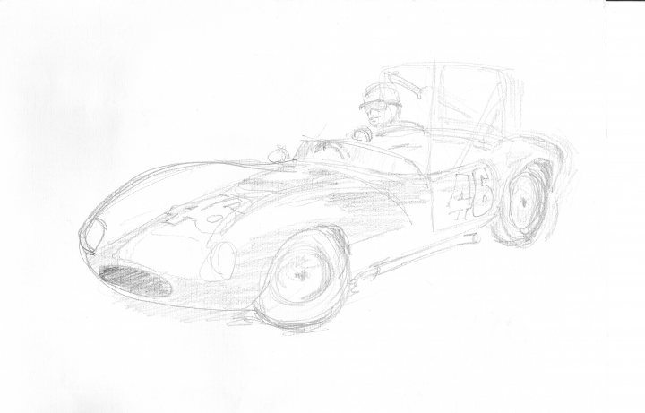 G4 sketch - Page 1 - Ginetta - PistonHeads - The image is a pencil sketch of a man driving a vintage car. The sketch is well-done with detailed lines that define the car's form, and it appears to capture a sense of motion. The man is seated, wearing a helmet that suggests safety. The perspective is taken from a side viewpoint, giving us a clear look at the car's design and the road ahead. The background is simple, focusing the viewer's attention on the car and the driver.