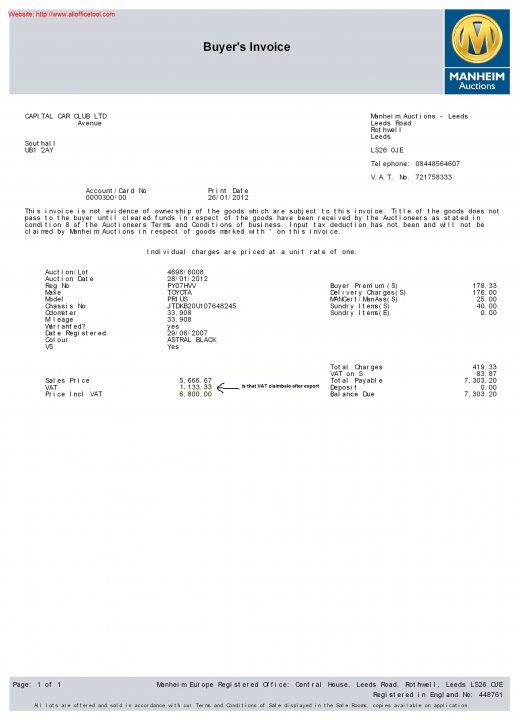 auction car export outside EU VAT claim - Page 1 - General Gassing - PistonHeads - This is a scanned copy of a business document or purchase order. The document includes buyer's invoice fields, details of the transaction, such as the buyer's name and address, reciprocal information, and numerous spaces for listing items or products ordered, along with their prices, quantities, and total amounts. The document is dated 03/10/2013 and is associated with a company based in Leeds, England. It is the first page of an order, as indicated by the page number at the bottom which is clearly marked as page 1 of 1.