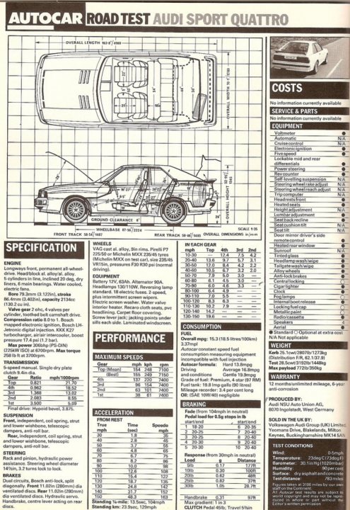 Audi Sport Quattro SWB road car: a cool half million, sir? - Page 2 - General Gassing - PistonHeads - The image is a page from a car manual or advert. The page is primarily text with illustrations and diagrams. At the top, the section is titled "AUTOCAR ROAD TEST AUDI SPORT QUATO" and it is a layout for a car testdocument. Below the title, there is a diagram of the side profile of a vehicle, showing dimensions like overall length, wheelbase, etc.