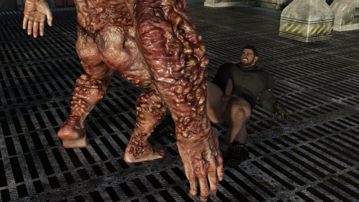 A statue of a man holding a horse - The image shows a video game scene where two characters are present. One character is a large, grotesque creature with tentacles and red skin, standing next to another character who is crouching down. They appear to be in an industrial or urban setting, with structures that look like pipes or mechanical parts in the background. There's no text visible on the image. The style of the image suggests it is a screenshot from a video game, given the graphical rendering and the fantastical element of the creature.