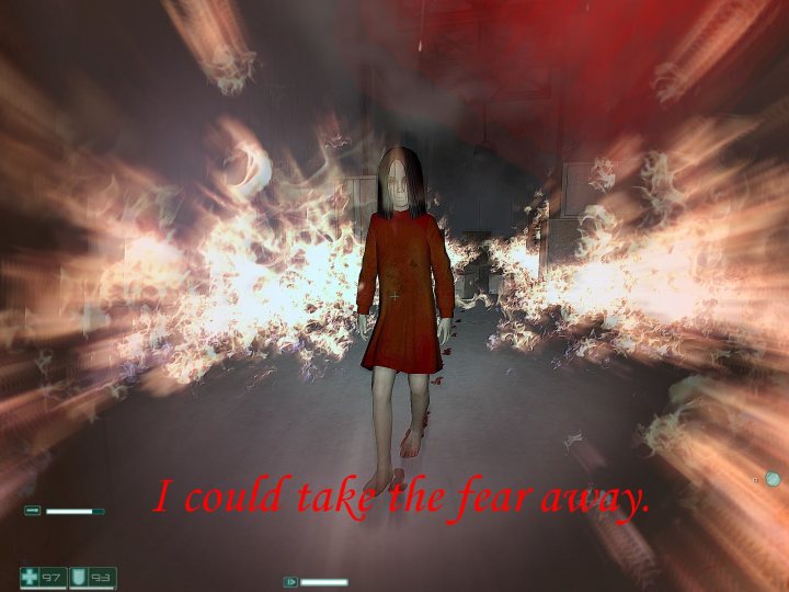 Game Fear - In this image, we see a young girl standing in an ominous room filled with a blizzard of red sparks. Her dress is vibrant red, matching the intense flames around her. She holds her face with her hands. Over time, her image fades, and a warning appears in the lower right corner: "I could take the fear away."