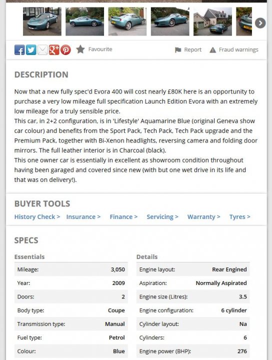 Lowest Mileage UK Spec Evora Launch Edition? - Page 1 - Evora - PistonHeads - The image is a screenshot of a webpage displaying automotive specifications. It provides a summary of a car, highlighting the car's name, color, and the mileage. The body style is also mentioned, along with the car's current condition, such as the number of cylinders and the engine power. The car is in good condition and has some additional specifications detailed. The image also includes a review of the car through its driving features, such as its mileage and the number of cylinders. The overall summary emphasizes the uniqueness of the car and its benefits in terms of fuel type and mileage.