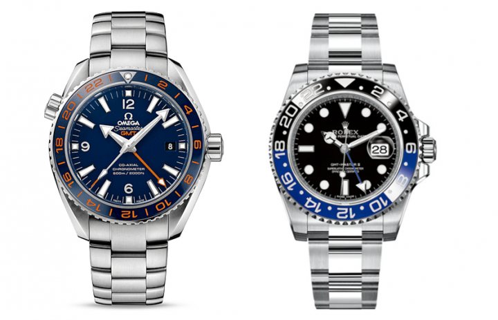 Rolex GMT Master II or Omega Planet Ocean GMT or ??? - Page 1 - Watches - PistonHeads - The image showcases two wristwatches from the brand Omega. On the left is a model with a dark blue bezel and a matching blue dial, where the brand name "Omega" and the return date "25.10.2017" are displayed at the 12 o'clock position. Above the bezel, there is a blue scale representing the hours and features luminescent details for readability in low light conditions. The second model, on the right, has a black bezel with a matching black dial, similarly displaying the brand name and return date at the 12 o'clock position. This watch also highlights the date with both visual and inlaid tactile indicators for days of the week. Both models are equipped with white Arabic numerals for indexing. The watches appear to be of a classic octagonal Omega Seamaster design and are attached to steel bracelets.