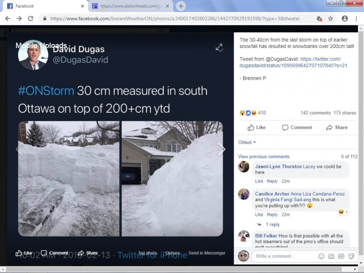 Climate change - the POLITICAL debate. (Vol 5) - Page 265 - News, Politics & Economics - PistonHeads - The image shows a screenshot of a Twitter feed with a post about a large amount of snow accumulated in a city. A person's name is mentioned as having measured 30 cm of snow. Another tweet comments on the situation, mentioning an article and linking it. Below the tweets are two images: one of a snowy street corner, where a car is partially buried by the deep snow, and another of a pile of snow at the roadside. The interface suggests that this is a desktop viewer's screen.