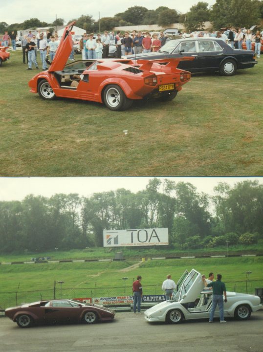 Countach  - Page 9 - Lamborghini Classics - PistonHeads - The image features a gathering of classic cars at an auto show. Two sports cars are the main focus, a show-stopping red Ferrari with its hood open and an infrastructure maintenance truck is observed in the backdrop. The cars are parked on a grassy field, with several people standing near them, likely fans or participants of the event. The variation in the image, showcasing two different times of day, adds a dynamic touch to the scene.