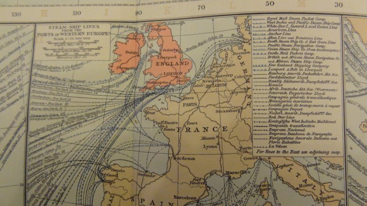 Something different...1895 Times Atlas of the World - Page 1 - Books and Literature - PistonHeads - The image is a detailed map, predominantly it is a navigation map depicting Europe from 1600, but zooming in on Spain. There is an inset showing the Iberian peninsula with detailed coastlines, and a side-by-side with text in an old font, likely discussing routes or points of interest related to the Spanish naval routes of the 17th century. Scattered along the coastlines of the map sections are various place names, with many of them indicated by symbols or markers.