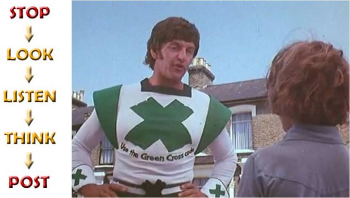 Pistonheads - The image is a split-style composition featuring two individuals, possibly from a media production such as a film or television show. On the left, there is a man standing in the foreground, wearing a white and green costume with a large red X on it. The costume suggests he may be playing the role of the X-Men's proflexor, Charles Xavier. He is speaking, with his mouth open and his face focused on his interlocutor.

On the right, there is a child seated and listening attentively to the man's talk. The child appears to be of moderate age, with a medium-length hair. The child is looking directly at the standing individual, suggesting an ongoing conversation or presentation.

The separation line between the two figures seems to create a casual setting, with the standing figure positioned as if he is addressing an audience. Furthermore, the man's suit and the child's casual clothing add to the contrast in the image.

At the top of the image, there are three words spelled out in large, bold red letters: STOP LOOK LISTEN THINK POST. These words are likely meant to communicate a message of engagement and attention hierarchy, commonly associated with