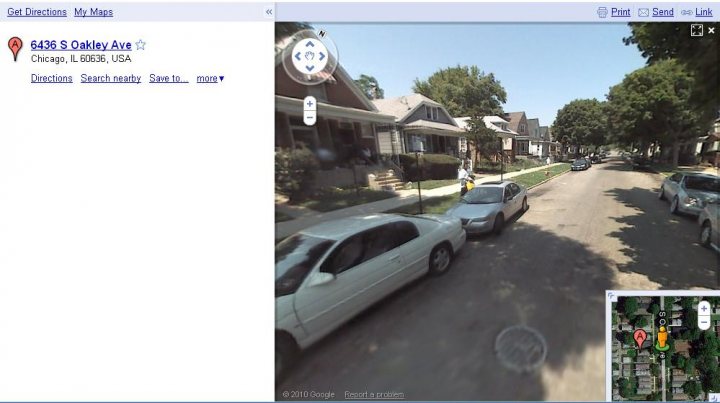 Pistonheads Funny Streetview Google - The image depicts a computer screen displaying a Google Maps Street View. The screen shows a hilly residential area with several parked cars along the street. There's a prominent checkered icon indicating the starting position of the Street View. The image also displays the address "6430 S Oakley Ave, Oak Creek, WI, 5315" and various icons like car, shopping cart, pin, sqli, and print.