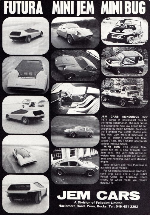 Old car ads from magazines & newspapers - Page 81 - Classic Cars and Yesterday's Heroes - PistonHeads UK - The image displays a vibrant advertisement for Jem Cars, a company that specializes in classic and future cars. The ad features a collage of images, each capturing the essence of the brand. 

The main image on the left showcases a classic car, embodying the timeless appeal of vintage automobiles. In contrast, the image on the right presents a futuristic car, symbolizing the cutting-edge technology and innovation that Jem Cars is known for. 

Interspersed between these images are smaller snapshots of other cars and trucks, each contributing to the overall theme of the advertisement. The text accompanying the images reads "FUTURA MINI JEM", suggesting a fusion of classic design with modern technology in their vehicles. 

The inclusion of the word "Jem" implies that this is a company ad, likely aimed at enthusiasts and buyers interested in both classic and future cars. The overall layout of the advertisement suggests a comprehensive range of vehicles available at Jem Cars, catering to diverse tastes in automotive design.