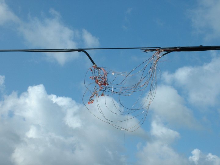 How much should broadband be in France? - Page 1 - France - PistonHeads - This image showcases an unusual sight of a large, tangled birdcage hanging in the middle of the frame against the backdrop of a blue, cloudy sky. The cage is heavy with loops of wire and pink flower decorations, suggesting a festive or perhaps theatrical nature of the installation. The photo captures the entire length of the cord, which seems robust and not damaged by the heavy load. The raw beauty of the floral decorations, coupled with the stark contrast of the black cage against the serene sky, creates a visually intriguing scene.