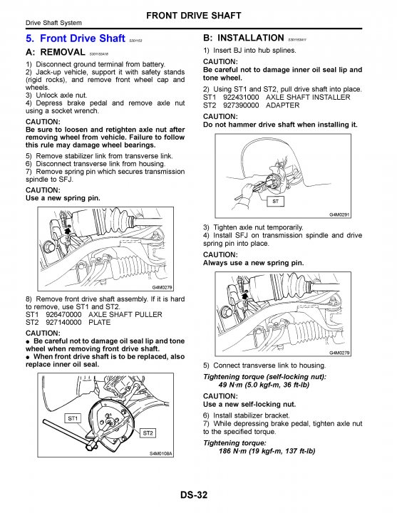 Help? It Was The Wrong Part!!!...Why am I not Surprised?? - Page 1 - Subaru - PistonHeads - The image is a black and white instructional diagram related to vehicle maintenance, specifically a section titled "Front Drive Shaft." It features a series of steps and precautions for a removal and installation process. There's a graphic depiction of a front drive shaft assembly, highlighting the steering shaft and the vehicle's engine and components. The diagram is rich in detail, providing clear visuals that accompany the textual instructions. The connection of the jack-up vehicle appears to be the direction of the diagram, indicating the vehicle's orientation for the removal of the front drive bolts. The caution label with the number '5' in the bottom right, indicates the necessity to be careful not to damage a sealed oil lip when removing the back cover. The overall picture is those of a professional manual or a guide for vehicle owners or maintenance enthusiasts.