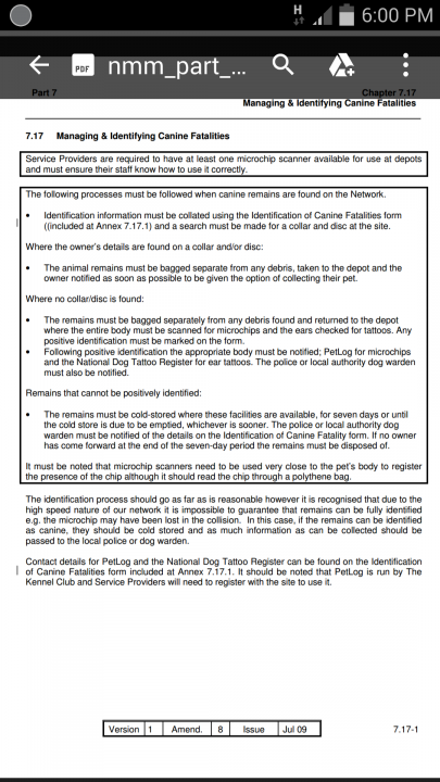 Compulsory Scanning for microchips by vets - Page 1 - All Creatures Great & Small - PistonHeads - The image shows a cellphone displaying a management document on the screen. The content appears to be a page from a user's guide or manual, dealing with the identification and use of 401k Microchip Scanners as a means for employee records. Several bullet points and paragraphs detail the features and capabilities of the scanners, likely presenting information about their functions and how they can be utilized in an employment context. The writing indicates a structure of instructions and explanations typical of user manuals. The cellphone itself has a clean, modern design with simple texts and icons visible around the screen, suggesting a contemporary operating system. The overall focus of the image is on the document itself, implying that it is important or relevant information for the viewer.