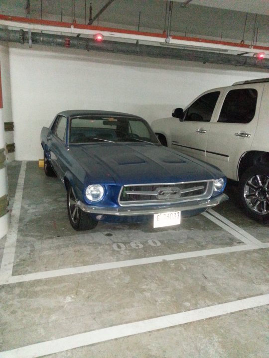 Middle East spotted thread - Page 53 - Middle East - PistonHeads - The image features a parking garage with a light blue Mustang and a white SUV. The Mustang is parked in the foreground, and the SUV is in the background. The area appears to be well-lit with visible markings and numbers indicating parking spots. The ceiling gives the impression of being a concrete structure with ventilation shafts, and the walls are white.