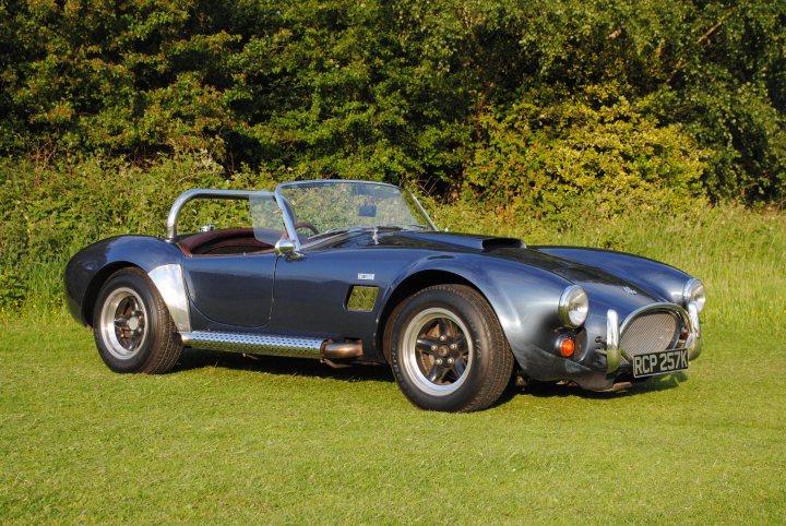 cobra replica southern roadcraft  value ? - Page 1 - Kit Cars - PistonHeads - The image captures a vintage racing car, the AC Shelby, parked on a grassy field. Its metallic blue color gleams against the greenery. The vehicle features a convertible top and a black leather interior visible through the windshield. The body of the car is adorned with a white stripe running along its side, adding to its classic appeal. Behind the car, a backdrop of trees can be seen, suggesting a natural, outdoor setting.