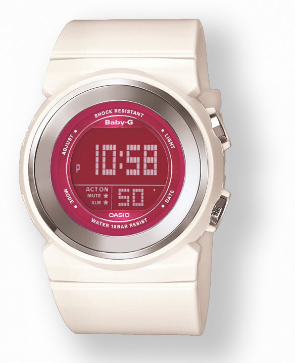 The image showcases a digital wristwatch, predominantly beige in color, with a vibrant red digital screen at its center. The face of the watch reveals the time as 10:58, with the display also indicating the date. The watch features dual buttons on its right side, presumably for operating the timekeeping functions. The strap of the watch is not visible, leaving the style and material of that part unspecified. The background of the image is plain white, focusing attention on the watch itself.