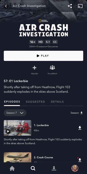 Disney+ new streaming announced officially - Page 28 - TV, Film, Video Streaming & Radio - PistonHeads UK - The image shows a screenshot of an application interface. At the top, there's a navigation bar with icons and text suggesting different functionalities of the app. Below this, there is a central content area displaying a large image or graphic that appears to be an episode cover for a podcast or show titled "Air Crash Investigation." The artwork on this image features a plane in distress above a cloudy sky.

Beneath the main image, there's a text overlay that reads "Episode 146: From Methane Gas Leak to Air Traffic Control." This suggests the episode number and subject matter.

The bottom of the screenshot contains a play button with a white triangle in a black circle, indicating an active state for media playback. There's also a text "Episode 146" below the play button, reinforcing the same information as the title above the image. To the right of the play button, there are two additional pieces of information: the number "9" and the word "Craig," which could be the name of the episode or the author/presenter.

The overall style of the interface suggests a modern, digital user experience, possibly for a podcast or streaming platform. The color scheme is predominantly dark with light text, creating a clear contrast for readability. The application has a sleek design, and it's displayed on what seems to be an iPhone or similar smartphone device.