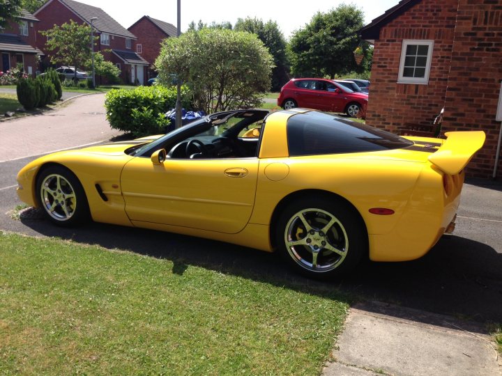 A dog sitting in the back seat of a car - Pistonheads - The image showcases a vibrant yellow sports car parked on a grassy area adjacent to a brick house. The car's doors are open, and its windows are down, inviting onlookers. It's positioned on the left side of the scene, with other cars and a red truck visible in the background, indicating a residential area. A sidewalk runs alongside the grass, leading to a street lined with houses and trees. The overall atmosphere is serene and residential.