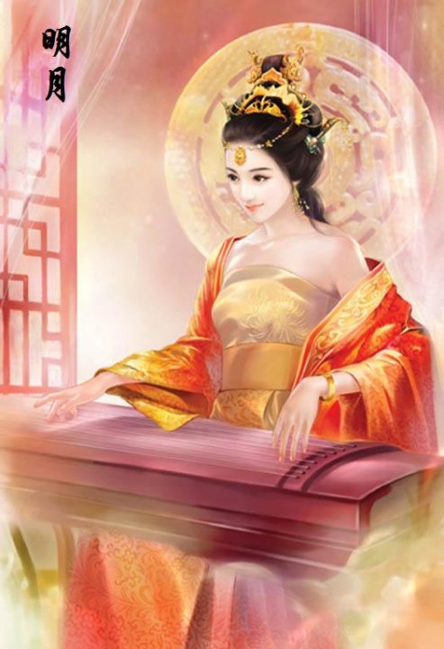 The image is an illustration of a woman depicted in an Eastern, possibly Asian art style, rich with cultural motifs. She is adorned in an elaborate and traditional outfit with ornate accessories, including a headdress signifying royalty. The use of vibrant colors and ambient lighting contribute to the regal and serene aura of the artwork. The text at the top is likely Chinese characters, adding to the cultural context of the image. The woman is seated at a decorated table, suggesting she might be a figure of significant importance or status in the narrative or historical setting implied by the artwork.