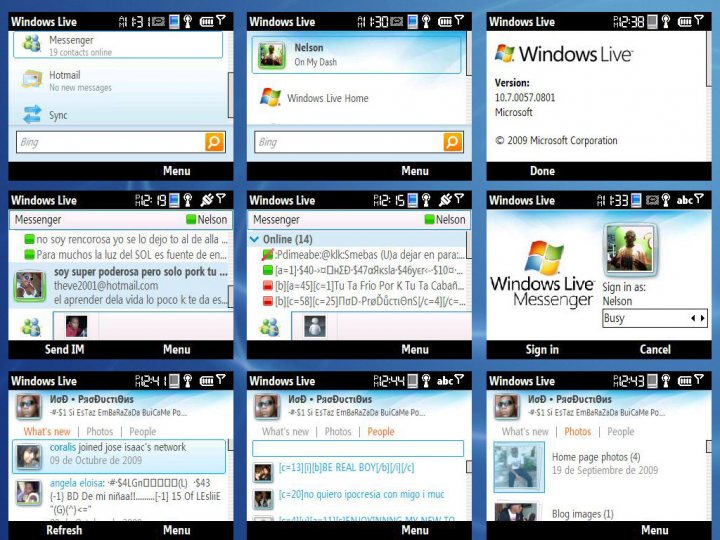 The image appears to be a collage of screenshots of a social media platform on what seems to be a Windows device. Each screenshot shows a different part of the user interface, such as the profile page, activity feed, conversation window, and friends list. The interface elements include buttons, tabs, and icons typical of a social media application. The screenshots display various activities, like reading messages, liking posts, and viewing photos. The overall style of the image is informative, showcasing the design and functionality of the app on the Windows operating system.