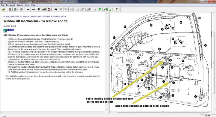 Window winder cable and runner - lubrication - Page 1 - Rolls Royce & Bentley - PistonHeads - The image displays a diagram with the overlaid text "Window lift mechanism - To remove and fit." The diagram shows a simplified representation of the mechanism for a wind lift, featuring arrows and annotations. There's a section also present that explains the pulling required, implying a step-by-step, do-it-yourself guide. The text and diagram are both in black against the paper's background.