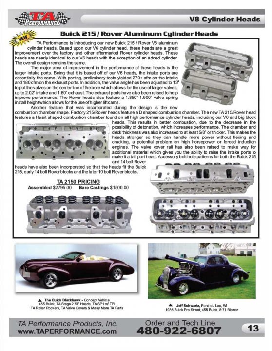 Pistonheads - The image is an advertisement with the header "TA-Performance tractors" and the main headline "New V8 cylinder heads." The ad showcases a variety of Buick V8 cylinder heads with updated design, emphasizing improvements over the factory heads. It includes text descriptions, features, and specifications with an accompanying photograph of several Buick V8 cylinder heads, displayed at different angles to highlight their design. There is also mention of a step-by-step guide and pricing on the lower part of the image. The overall layout is designed to inform and persuade potential customers to upgrade their engine parts.