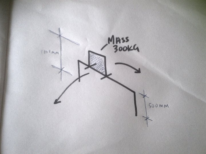 Pistonheads - The image shows a hand-drawn sketch on a piece of paper. The drawing represents a framework, with dimensions and angles indicating its construction. A cross is also drawn next to the main structure, and a half-square with the dimension 500mm is included to the right of the main structure. The handwriting is legible, and the sketch seems to be a plan for a piece of equipment or a part of a mechanical system.