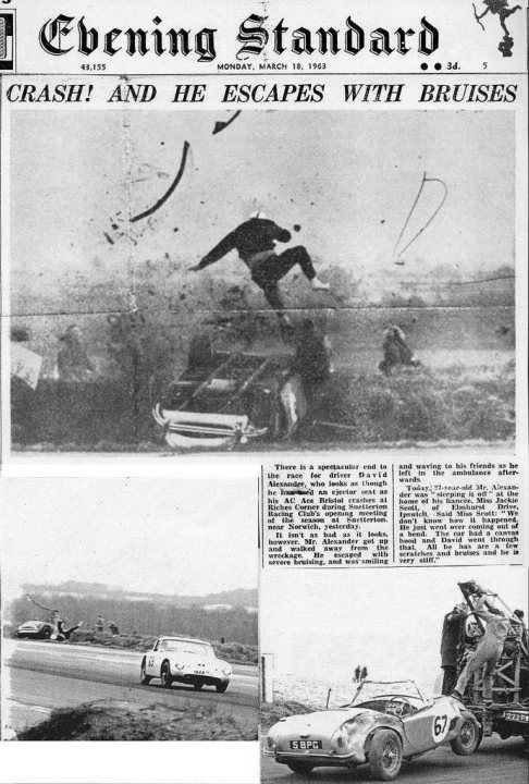 Ebay Grantura - Page 1 - Classics - PistonHeads - The image is a page from a newspaper, titled "Monday, March 14, 1955" and "CRASH! AND HE ESCAPES WITH BRUISES," indicating an article about a car accident. The newspaper is divided into several sections, each with its own text and headlines. Prominent in the page is an image of a sports car near a couple of men, suggesting an accident. A separate photo shows two men attending to the crashed car, indicating post-crash efforts. The newspaper text at the top summarizes the incident: "CIVRIL WARNING FOR DRIVERS: A SILENT TRAIL OF DEATH AND HEALTH MARSF DERBY! RUST RUST ON ROAD REDUCED TO BE TERRORS AS FANS AND DRIVERS WILL SHOCKED HERE ABROAD!" This, along with the accompanying images, suggests the severity of the situation, with the headline describing the accident as a shocking incident that led to death and health problems, as well as terrorizing onlookers. The prevalence of the word "warning" likely aims to inform drivers about potential dangers on the