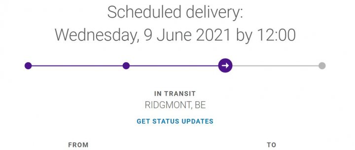 Incoming..what do you have? (Vol. 3) - Page 344 - Watches - PistonHeads UK - The image shows a smartphone screen displaying a delivery notification. At the top of the notification, there is text indicating that the package was scheduled for "Today" and will be delivered by "Friday". Below this, a line graph illustrates the expected progression from a start point to an end point, marked as "Ridgewood". The time-stamped message indicates the delivery status: "In transit. From Ridgewood BE." Additionally, there is information about when the package will be delivered, stating "Scheduled for Friday" and providing a specific date, though the details are not fully visible due to the image's resolution. At the bottom of the screen, there is an option to "Get status updates", but it seems to have been left unchecked. The overall style of the image suggests that this is a personal device, possibly taken from the user's perspective during their daily activities.