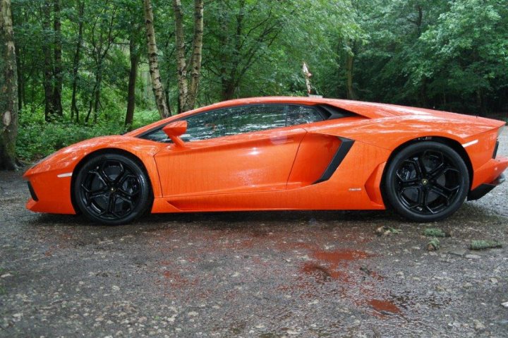 Lamborghini Huracan: OFFICIALLY REVEALED - Page 2 - Gallardo/Huracan - PistonHeads - The image shows an off-road orange sports car parked amidst a forest with trees and foliage. The car has a striking color scheme with a vibrant car body contrasted by sleek black wheels and a roof-mounted spoiler. It's parked on what appears to be a gravel path or wet asphalt, given the puddles scattered nearby. The setting is serene, indicating a retreat from the busy roads. The posture of the car suggests it has just come to a stop.