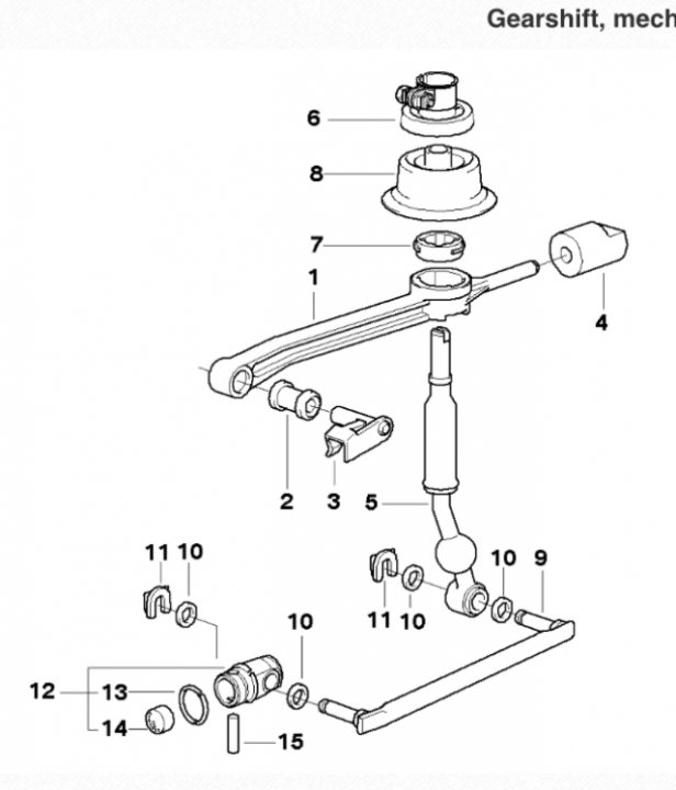 E36 328i Gear Selector Vague - Page 1 - BMW General - PistonHeads - The image displays a black-and-white schematic diagram of a mechanical apparatus, specifically gears and their associated components such as a pinion and a master link assembly. The arrangement of gears is shown, indicating their assembly structure. The central focus is on the gear mechanism rising vertically from the bottom center of the diagram. The parts are connected by lines that provide an outline view of the gear assembly. Labeling on the diagram includes numerical values, likely corresponding to part numbers or names for identification purposes.