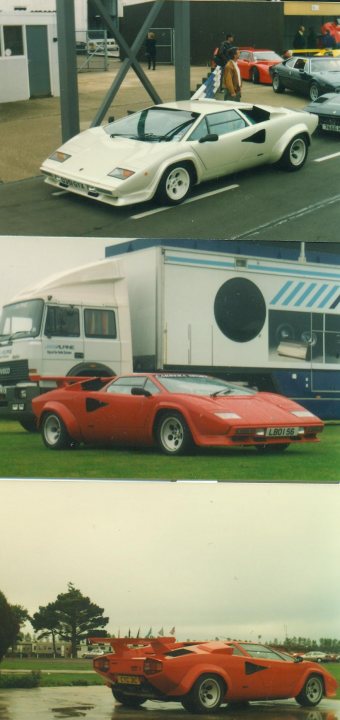 Countach  - Page 9 - Lamborghini Classics - PistonHeads - The image is a collage comprised of four separate photos, each featuring a red racing car with various design elements and modifications. The racing cars are displayed at a airport or airfield, as indicated by the large aircraft in the background. People can be seen walking and milling about, and there are also other vehicles, including a white commercial truck. The car appears to be a vintage race car, potentially for Lotus, based on the design.