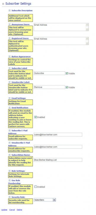 The image displays a screenshot of a webpage interface. It shows a "Subscriber Settings" section with multiple tabs or sections visible, including "Title/Name," "Public Display," "Appearance," "Behavior," and several others, suggesting a variety of customization options for users. Each section lists different settings or features, such as "Subtitle Text," "Display in RSS Feeds," and "Access to Site." The content is organized in a table format, with a binary radio button for each setting. The background is white, and the text is in various shades of yellow and blue, making the settings easy to read against the simple background.