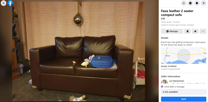 Local Facebook groups. - Page 167 - The Lounge - PistonHeads UK - The image displays a social media post with an overlaid screenshot of a message conversation. A picture within the screenshot shows a brown leather sofa in what appears to be an indoor setting, possibly a living room. There is text on the sofa that reads "Faux Leather," indicating it's made from artificial material and not actual leather.

The social media post includes a photo of the sofa, and the caption mentions a weather situation, though the details are not clear due to the image quality. The message conversation has multiple unread messages with timestamps ranging from "Tue 21/10" to "Tue 23/10," suggesting recent activity on this platform.

The screenshot shows an interface with a chat feature, indicating that the social media platform is likely Instagram or Facebook Messenger, given the familiar look of the message box and conversation layout. The layout suggests that at least one party has responded to a weather-related inquiry about a couch, as indicated by the unread messages and the image of the sofa accompanying the last message.

The overall image seems to capture a moment where someone is trying to find out information about a piece of furniture through social media messaging, possibly after a weather event that may have affected delivery or purchase plans.