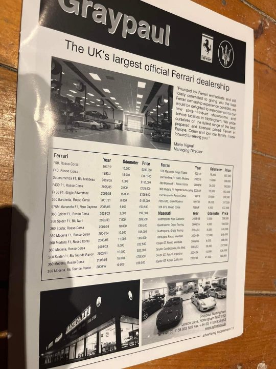 RE: Spectacular Ferrari F50 for sale - Page 4 - General Gassing - PistonHeads UK - The image features a flyer for "Graypaul", the largest official Ferrari dealership in the UK. It includes a list of cars available for sale, along with their respective prices. The flyer is placed on top of a table and appears to be an advertisement for luxury vehicles, specifically Ferraris, indicating that the dealership specializes in high-end automobiles. The flyer's design suggests it's aimed at potential customers who are interested in purchasing these prestigious vehicles.
