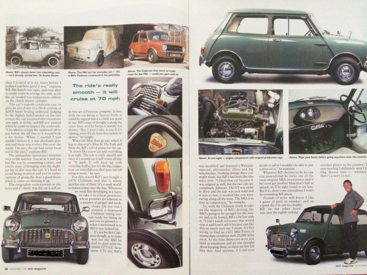 850cc of pure motoring pleasure - Page 1 - Classic Minis - PistonHeads - The image showcases a captivating double-page spread from a magazine featuring the Mini car. At the top of the page, there's an orange car positioned on the right side of the page, likely the convertible version of the Mini Cooper, which seems to be the main focus of the article. Captions describing different parts of the car are placed in various parts of the page, inviting the reader to understand the car's detailed features.

The lower part of the page contains pictures of different Mini models, including a green one which adds variety to the article. These models demonstrate the versatility of the Mini design, highlighting how it can be customized according to the owner's preferences.

Throughout the spread, there are references to technical specifications and the many awards the Mini has received over the years. These elements provide the reader with a comprehensive understanding of the Mini car and its historical significance.

Overall, the double-page spread offers a comprehensive overview of the Mini car, showcasing its design, specifications, and history in a visually appealing way. The layout effectively combines images and text to provide a rich and informative reading experience for auto enthusiasts.