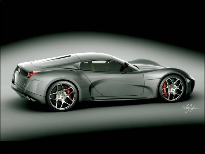 Ferrari Pistonheads Metal - The image features a concept car on a sleek, dark background. The car is designed with a low, wide stance, making it appear aerodynamic and fast. Its body is sleek with sharp, angular lines that enhance its sporty appeal. The color scheme of the car consists of shades of gray, blending it with the background. There are no visible windows, creating a seamless appearance as if it has no windows at all when viewed from the front. The overall style of the image is modern, with a focus on aesthetics and design. The vehicle is depicted standing still, suggesting no motion, possibly as an abstract concept car.