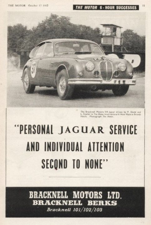 Pistonheads - The image appears to be an advertisement or a newspaper clipping. It features an old-fashioned car, prominently displayed in the center. Above the car, there is text that reads "PERSONAL JAGUAR SERVICE AND INDIVIDUAL ATTENTION SECOND TO NONE." This suggests that the service provided by this establishment caters to individual customer needs and is attentive even if one arrives second after another. Below this headline, a name "BRACKNELL MOTORS LTD" is visible, indicating the company associated with this service. There's also a small logo for "BRECKNELL MOTORS" on the bottom left of the image. The car in the advertisement is an older model, possibly from the 1950s or 1960s, as suggested by its design and style.