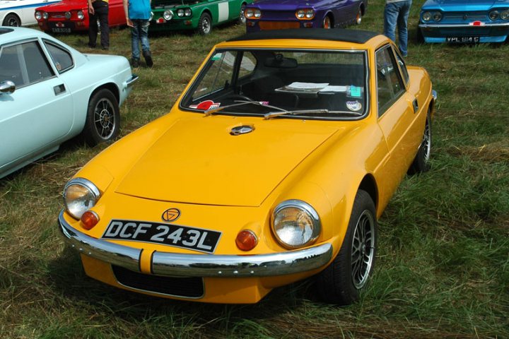 Your favourite car from the year you were born in... - Page 12 - General Gassing - PistonHeads - The image shows a vintage car show. A yellow and black small sports car is positioned centrally, parked on a grassy field. Numerous other vintage-style cars are parked behind the main subject, forming a visually appealing line-up. The setting suggests an outdoor car show or exhibition, with attendees possibly present to admire the vehicles. The atmosphere seems peaceful and relaxed, with the open sky above and the car collection below.