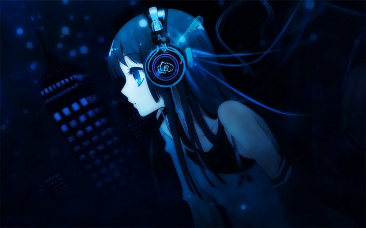 This is a digitally generated image of an animated character, likely a young girl, with dark hair and a peaceful expression. The girl is depicted in a silhouette style, standing in front of a towering skyscraper. The setting appears to be at night with a rainy atmosphere, as indicated by the falling droplets or condensation forming on her clothes. She is wearing a headset, suggesting she might be listening to music or engaged in another activity. The image has a dark, blue tone to it, giving it a nocturnal and possibly contemplative feel.