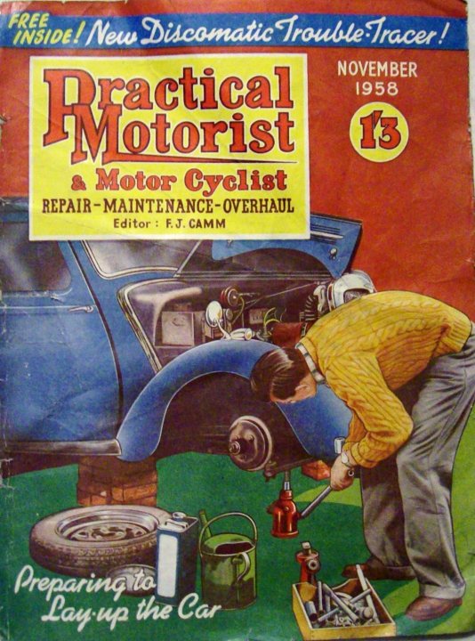 How to lay up your Veyron for winter. - Page 1 - Classic Cars and Yesterday's Heroes - PistonHeads - The image is a vintage magazine cover from November 1958. The main headline proudly proclaims "PRACTICAL MOTORIST" and suggests repair of tires, maintenance-overhaul, and includes an editor's note. The magazine offers preparation for upcoming winter car trouble, indicated by the cover's green and red color scheme. The cover suggests the magazine's focus on automotive and mechanical topics, contributing to its charm and appeal to those interested in motor vehicle maintenance.