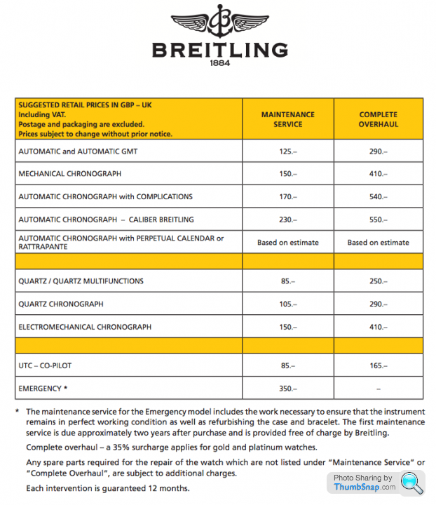 Breitling service hotsell price list